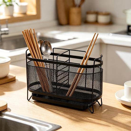Utensil Storage Rack with Divided Compartments Organizer Drainage Holes Design Rack for Kitchen Countertop