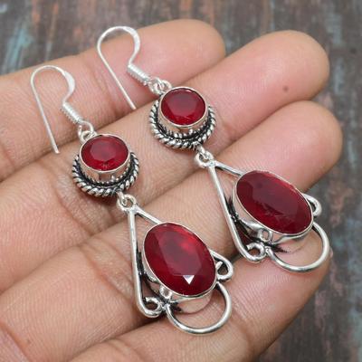 Yakut(Simüle edilmiş) 925 Ayar Gümüş El Yapımı Güzel Takı Küpe