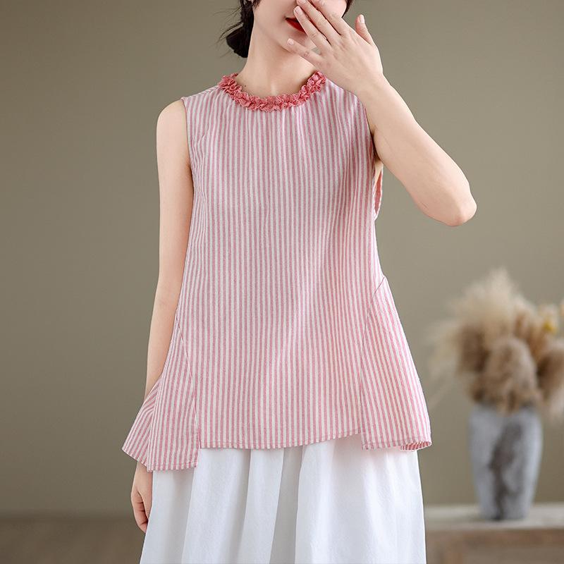 Summer Art Retro Loose Striped Sleeveless Shirt Top for Women Blouses & Shirts