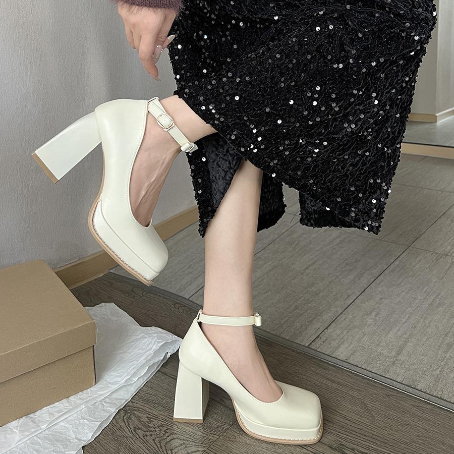 Internet celebrity square head small thick heel high heels women's autumn and winter 2025 new shallow French retro Mary Jane shoes