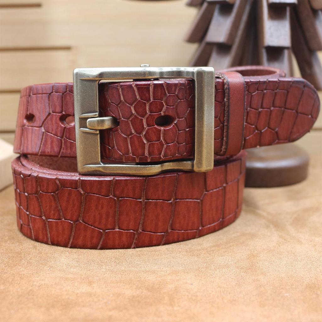 3,8 cm breiter trendiger Dornschließen-Gürtel aus echtem Leder mit Retro-Krokodilmuster - Vielseitiger Herren-Gürtel aus Rindsleder