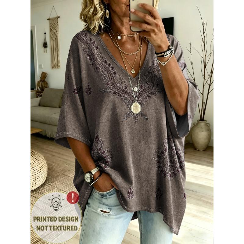 Plus Size, Women's V-Neck Ethnic Style, Art Three-Quarter Batwing Sleeve Loose Fit Comfortable Tummy Control, Trendy Gift for Plus Size Casual Top