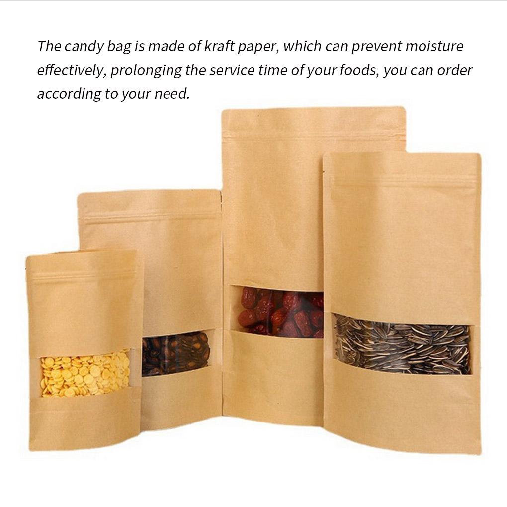 10pcs Kraft Paper Bags Zip Lock Brown With Window Stand Up Resealable Grip