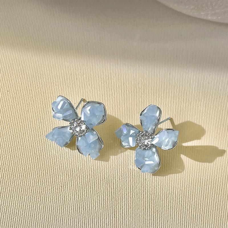 Blue Oil Drop Crystal Flower Round Earrings Stud Earrings Design Sense Niche