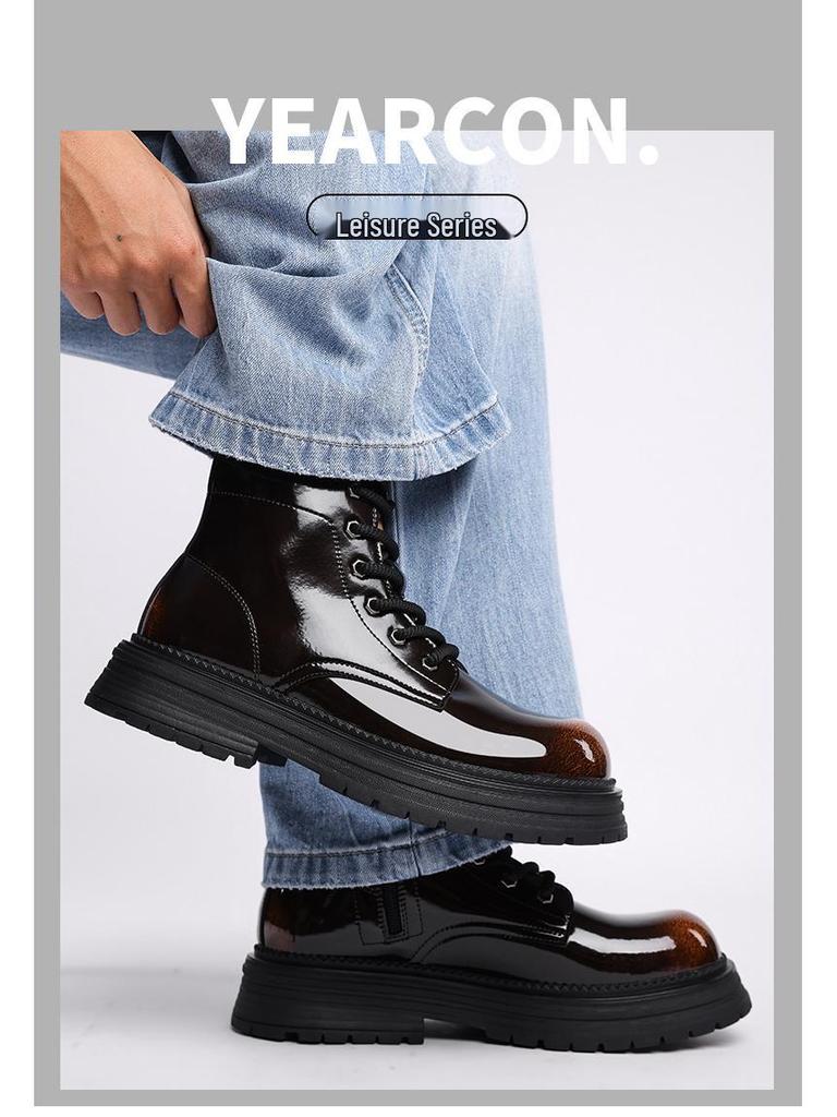 2025 Winter Men's High Top Martin Boots, Plus Velvet, Thick Sole, Retro Leather, Warm and Shiny Workwear Shoes