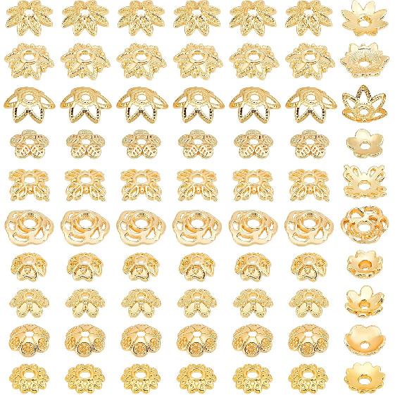 PH PandaHall 14K Gold Flower Bead Cap, 100pcs 10 Styles Bead End Caps Brass Filigree Metal Spacer Beads Caps End Charm Caps for DIY Earrings