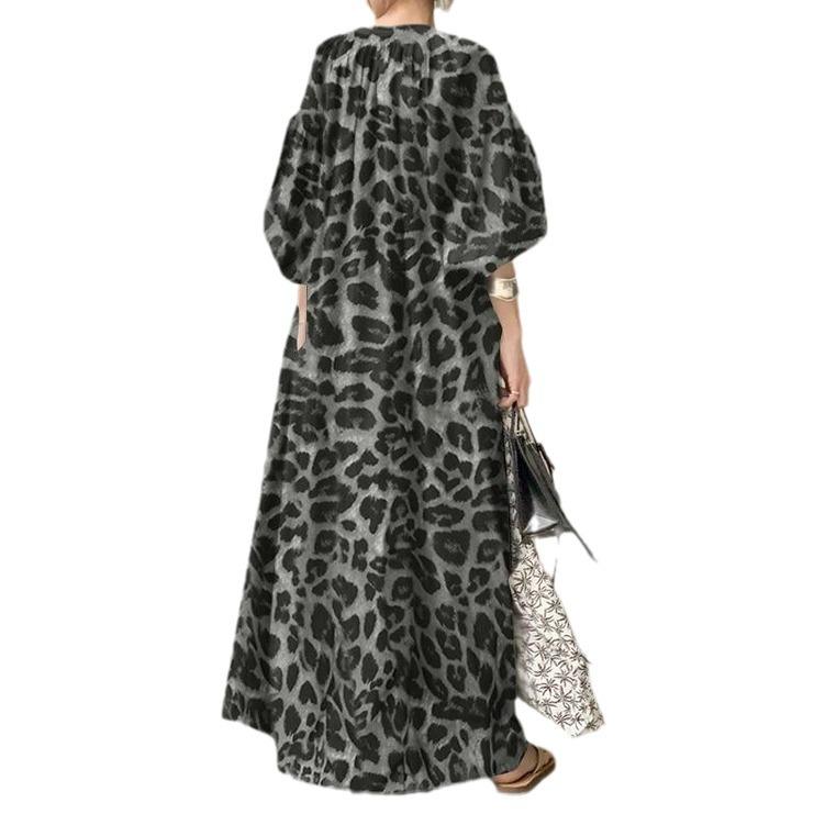 Fashion Printed Maxi Dress Women's Leopard Sundress Spring Puff Sleeve Long Vestidos Female V Neck Robe Oversize
