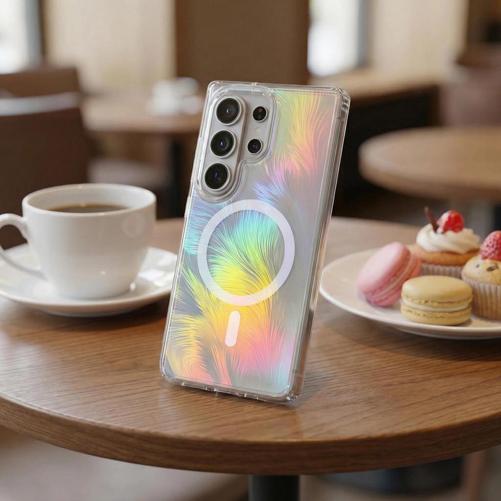 Applicable to Samsung s25ultra feather yarn magnetic mobile phone case gradual change s25edge color plating s26 laser colorful anti-drop