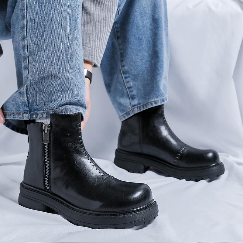 Men's genuine leather boots Classic casual style Work and Office Business Outdoor fashion autumn winter shoes Black Thick Bottom