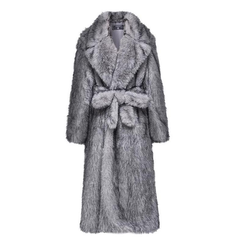 omen's fur coat gray-black imitation fox fur lapel collar long coat winter windof warm trench coat large size