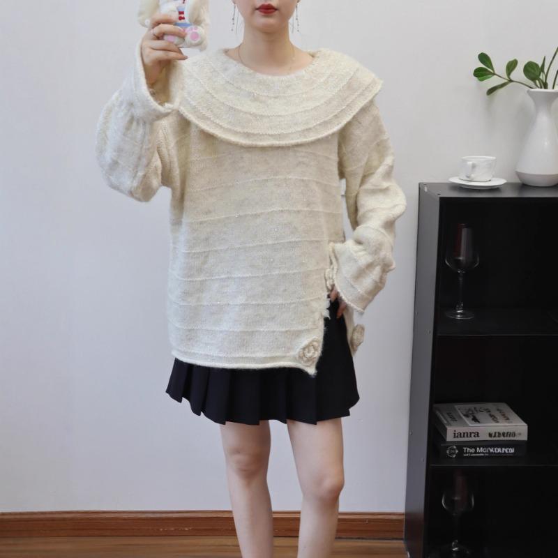 Lotus leaf collar three-dimensional flower butterfly design sense knitted sweater top autumn and winter new loose sweater pullover woman