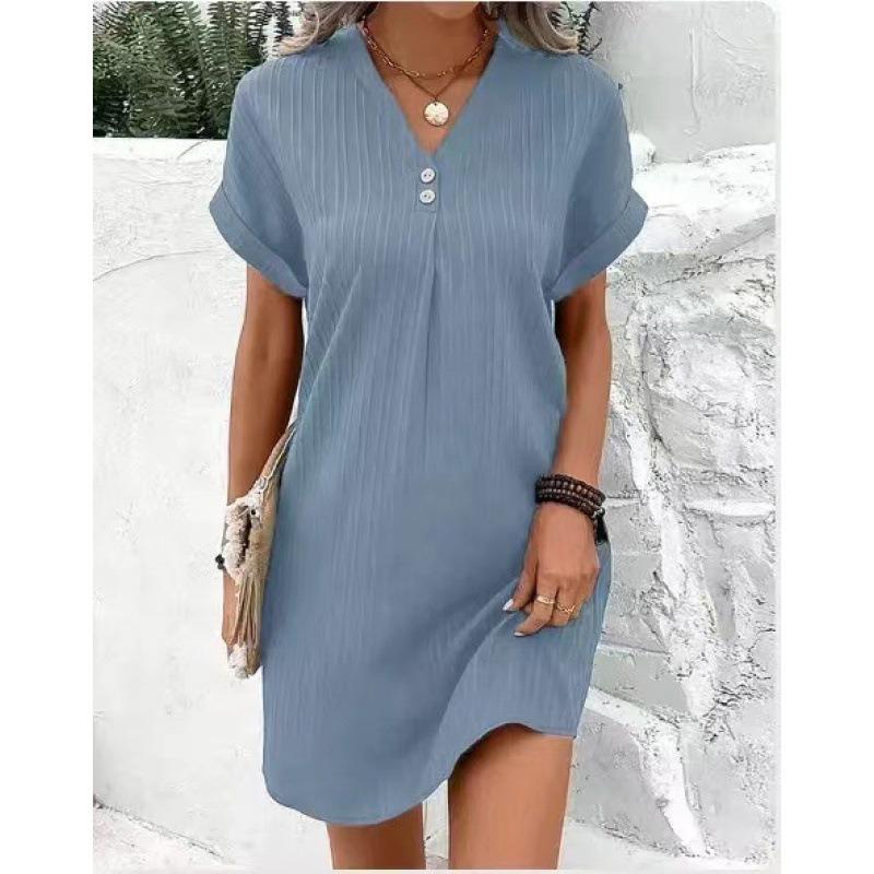 IHUASU Fashion Summer Spring Solid Color Print Short Sleeve V-Neck Casual Dresses Unique Design