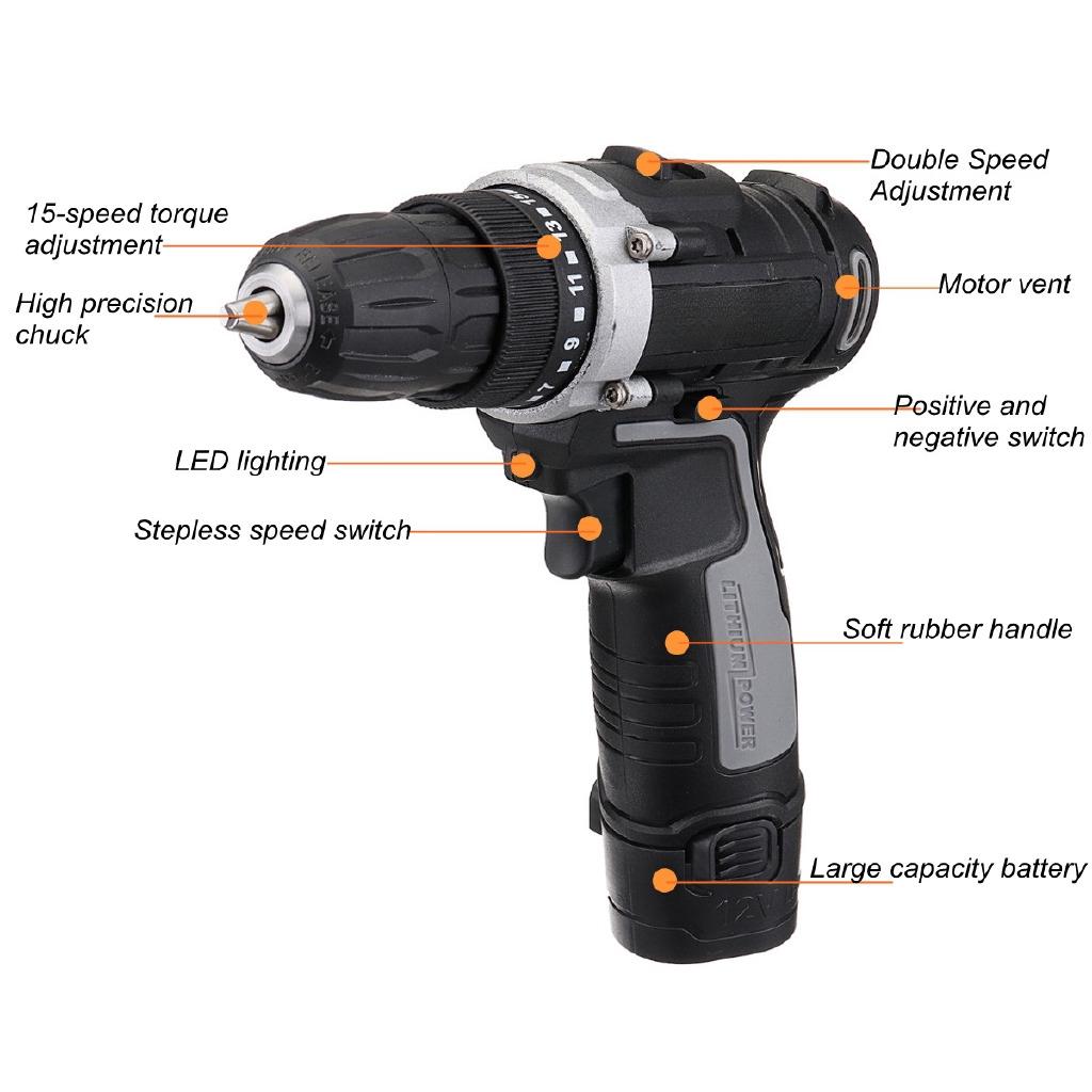 AC 100-240V 0-550r/min 0-1350r/min Cordless Drill Double Speed Adjustment LED Lighting 1/2Pcs Large Capacity Battery 35Nm 15-speed Torque Adjustment