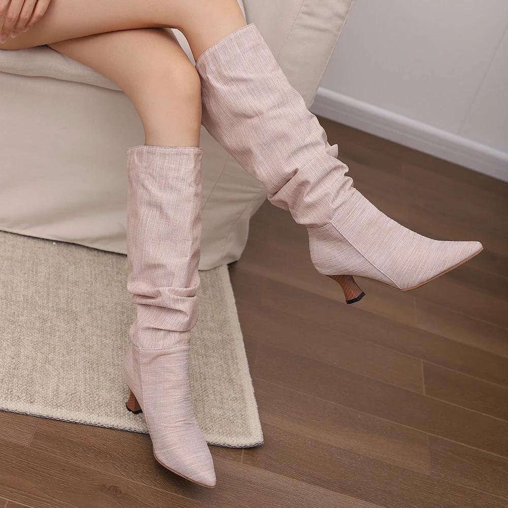 Retro Pleats Thigh High Boots for Women Autumn Thick Heeled Pointed Toe Cowboy Boots Woman Slip On Western Long Botas Mujer