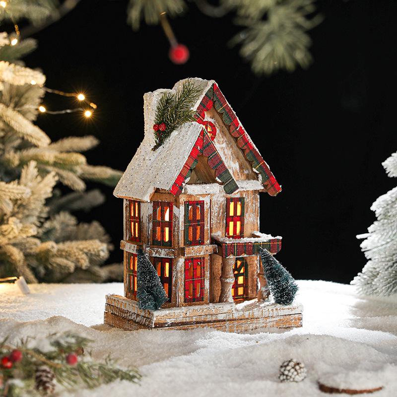 European Retro Solid Wood Luminous Christmas Snow Cabin Ornament