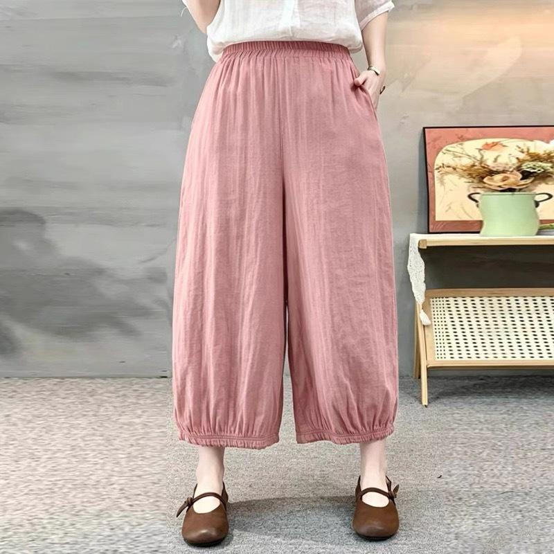 Women's Elastic Waist Balloon Pants Loose Fit Japanese Style Double Gauze Cotton Nine Quarter Casual Trousers