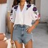 2026 Spring/Summer Women's European & American Pure Cotton V-neck Puff Sleeve High Neck Printed Solid Color T-shirt