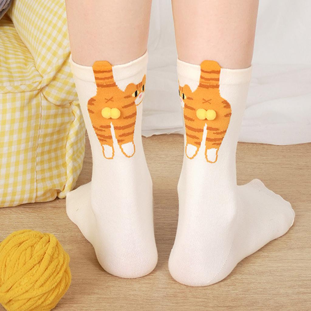 Whimsically 3D Fuzzy Balls Cats Pattern Ankle Socks Lightwieght Breathable Funny Middle Calf Socks for Women and