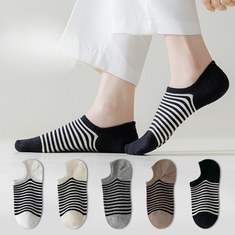 Women's Summer Striped Socks, Sweat-absorbing and Odor-proof Cotton Socks, Non-dropping Heel Invisible Socks, Boat Socks, Short Socks