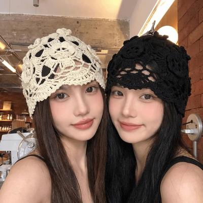 Handmade Crochet Flower Knitted Hat Thin Woven Cap Retro Hollowed Out Beanie Cap  Girls
