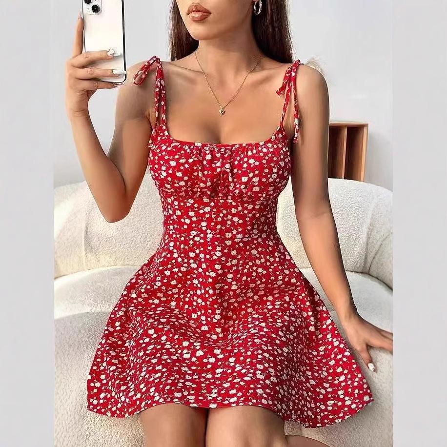 Women Summer Banage Strap Floral Dress One Piece Dress