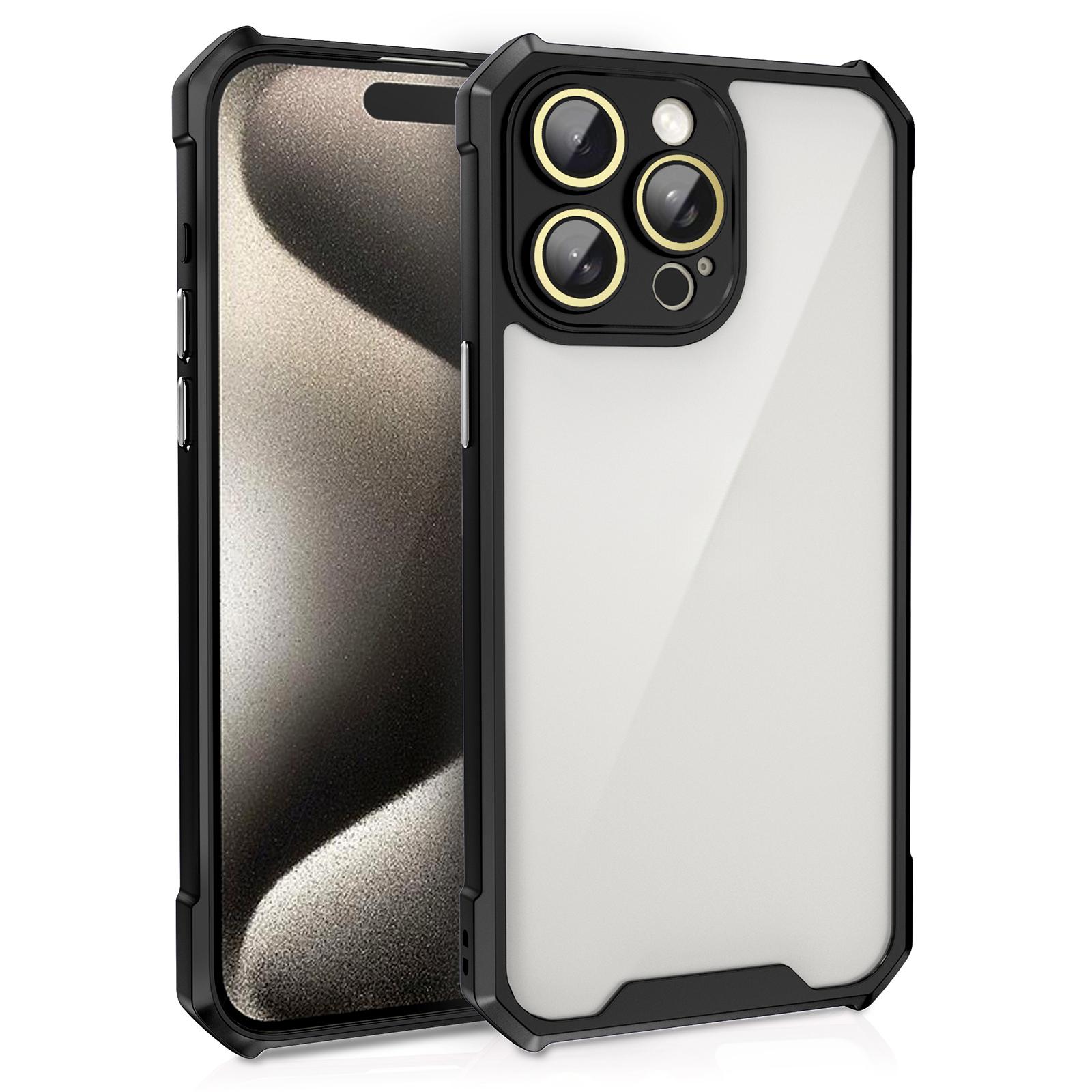 

For iPhone 15 Pro Max Case Reinforced Corners Acrylic+TPU Clear Phone Cover with Lens Film, Electroplated Buttons Black