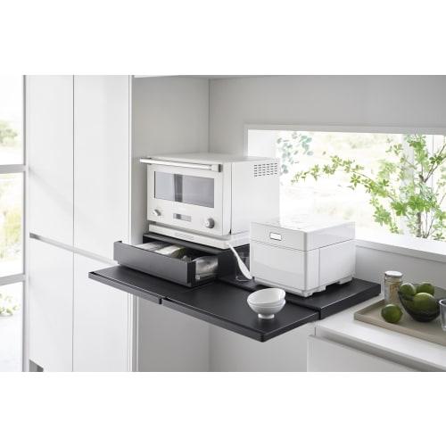 Yamazaki Tower Two-Way Kitchen Under-Appliance Drawer & Sliding Table, Black, Approx. W45 x D39.3-64 x H13.5cm (17.7-24.7 inches), with Sliding Shelf,