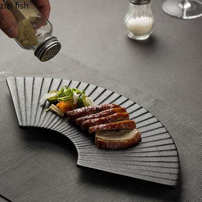 Keramik-Essteller, Restaurant, kreativer fächerförmiger gestreifter Sushi-Teller, Dessertteller, Snackteller, einfarbiges Geschirr