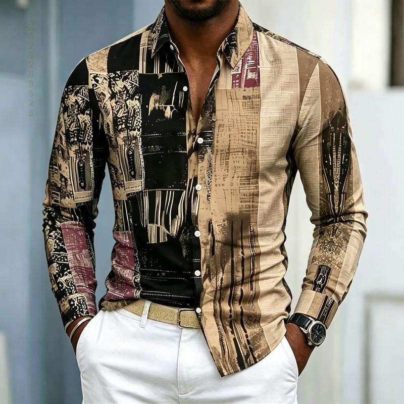 Men's Shirt, Casual Long Sleeved Shirt, Contrasting Color Patchwork Printed Shirt, Fashionable Casual Single Breasted Men's Shir