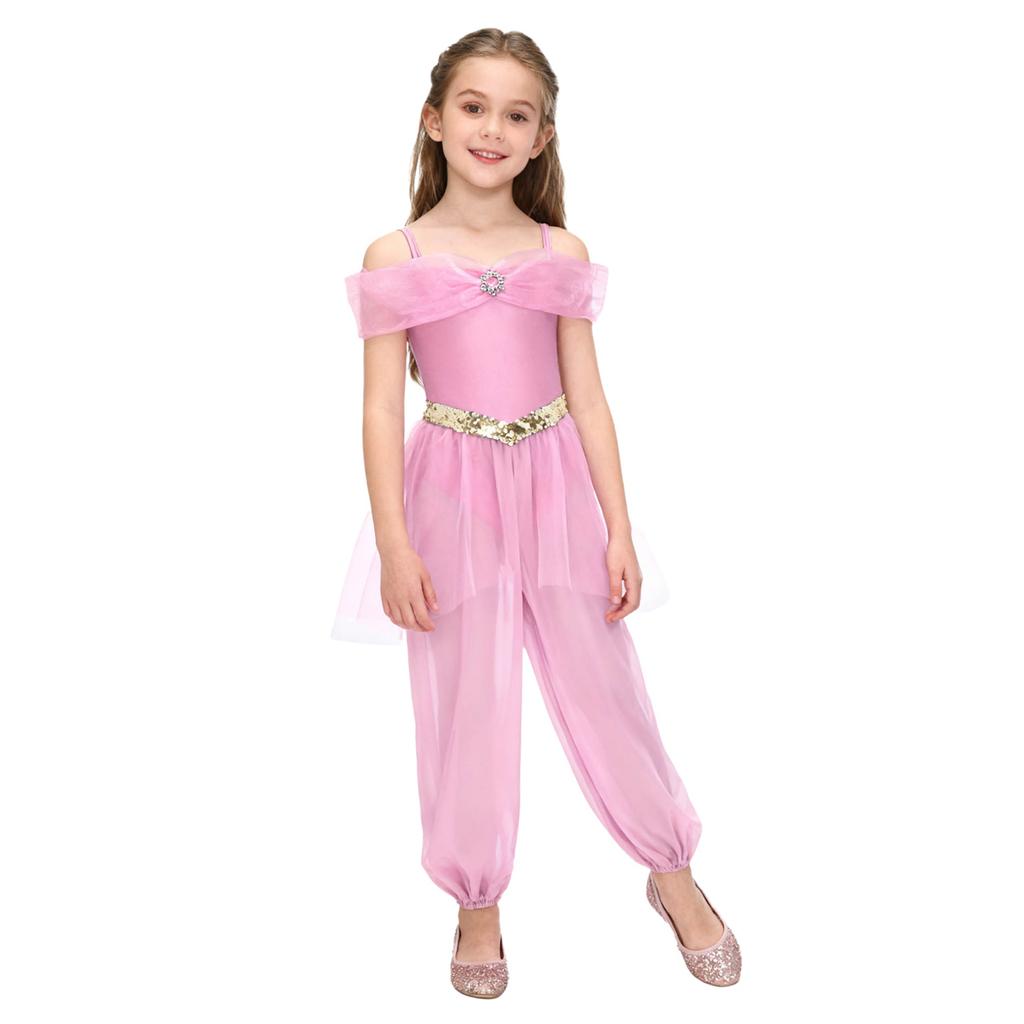 Costume Principessa Araba per Bambine e Ragazze Spalline Regolabili con Strass Paillettes Fascia Decorativa in Vita Sovrapposizione in Rete Pantaloni Lunghi con Slip Integrati per Cosplay