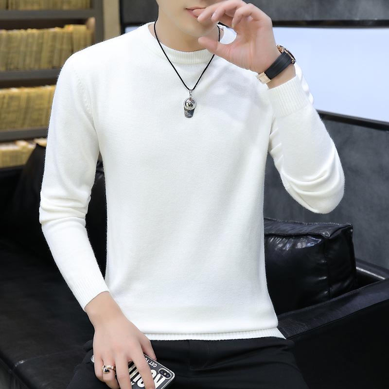 Men's White Round Neck Long Sleeve Knit Sweater for Spring, Autumn, and Winter