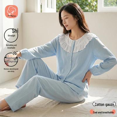 Women's Lace-Trim Cotton Pajama Set, Long Sleeve Top & Pants for Spring/Summer - Suitable for Outdoors