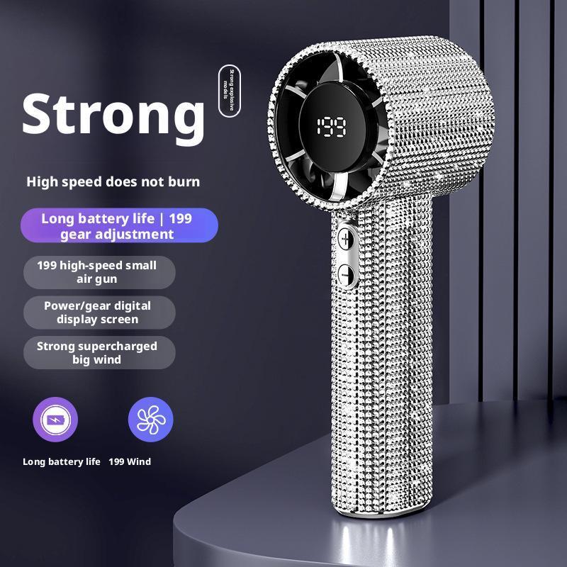 Full Diamond Luxury Craftsmanship Portable Handheld Turbo Fan 3 Gear Wind Long Battery Life With Digital Display
