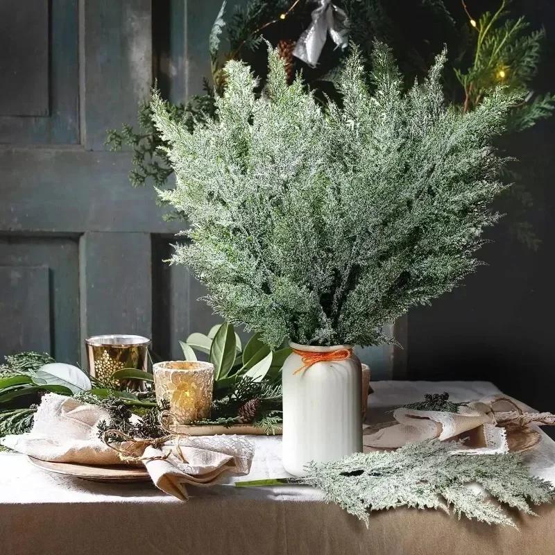 Artificial Frosted Pine Branches Christmas Plastic Fake Snow Sprigs Pine Leaves DIY Wreath Xmas Tree Ornaments Party Plant Decor