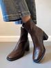 Soft leather version~ short boots commuter high-heeled elastic thin boots 2025 autumn and winter soft-soled public sector retro thick-heeled boots