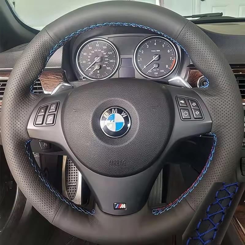For BMW E81 E90 Pack M Sport M3 E91 E92 E93 E87 E82 E88 X1 E84 Full Black Leather Car Steering Wheel Braid Soft Leather Cover