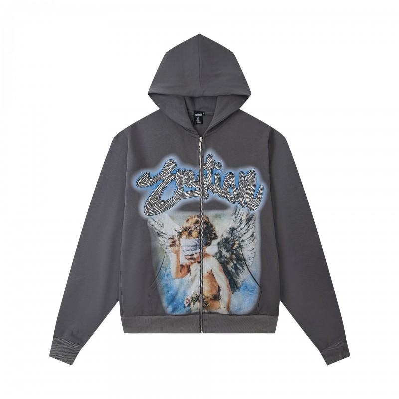Mens Oversized Hooded Zip-Up Sweatshirt With Rhinestone Letter Print Cotton Streetwear