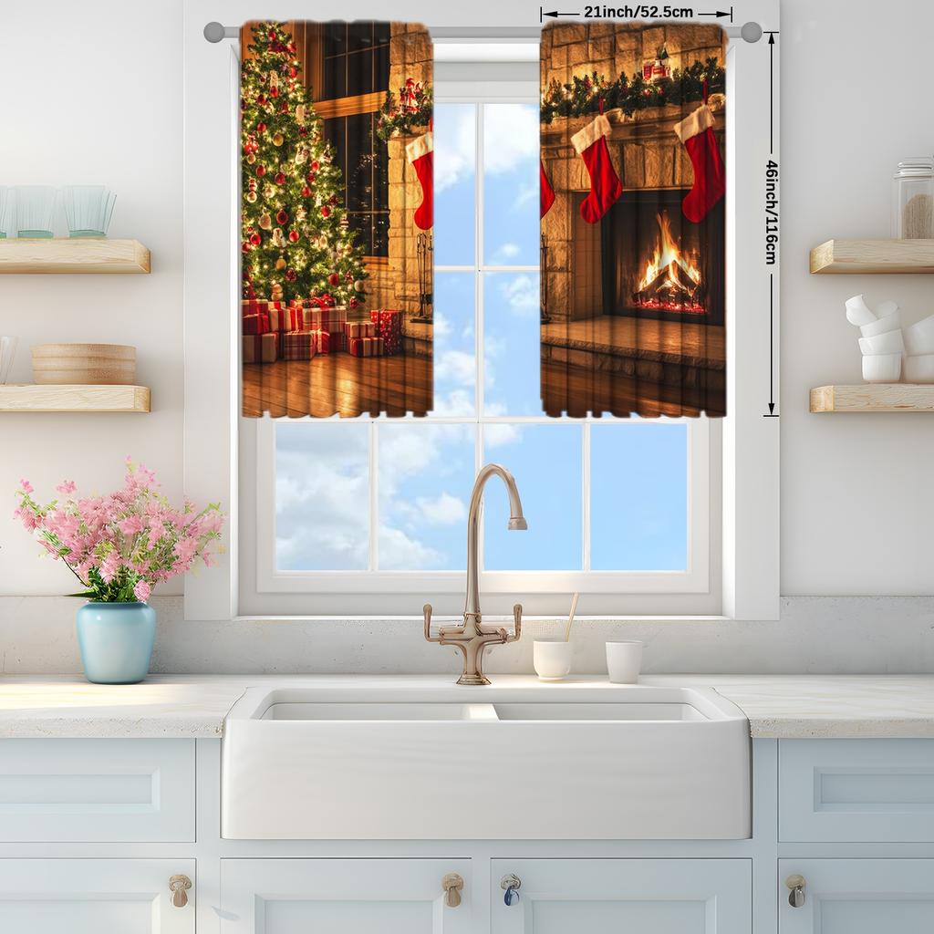 2pcs Christmas Fireplace Printed Curtain for Christmas Home Decor - Rod Pocket Window Treatment for Bedroom, Office, Kitchen