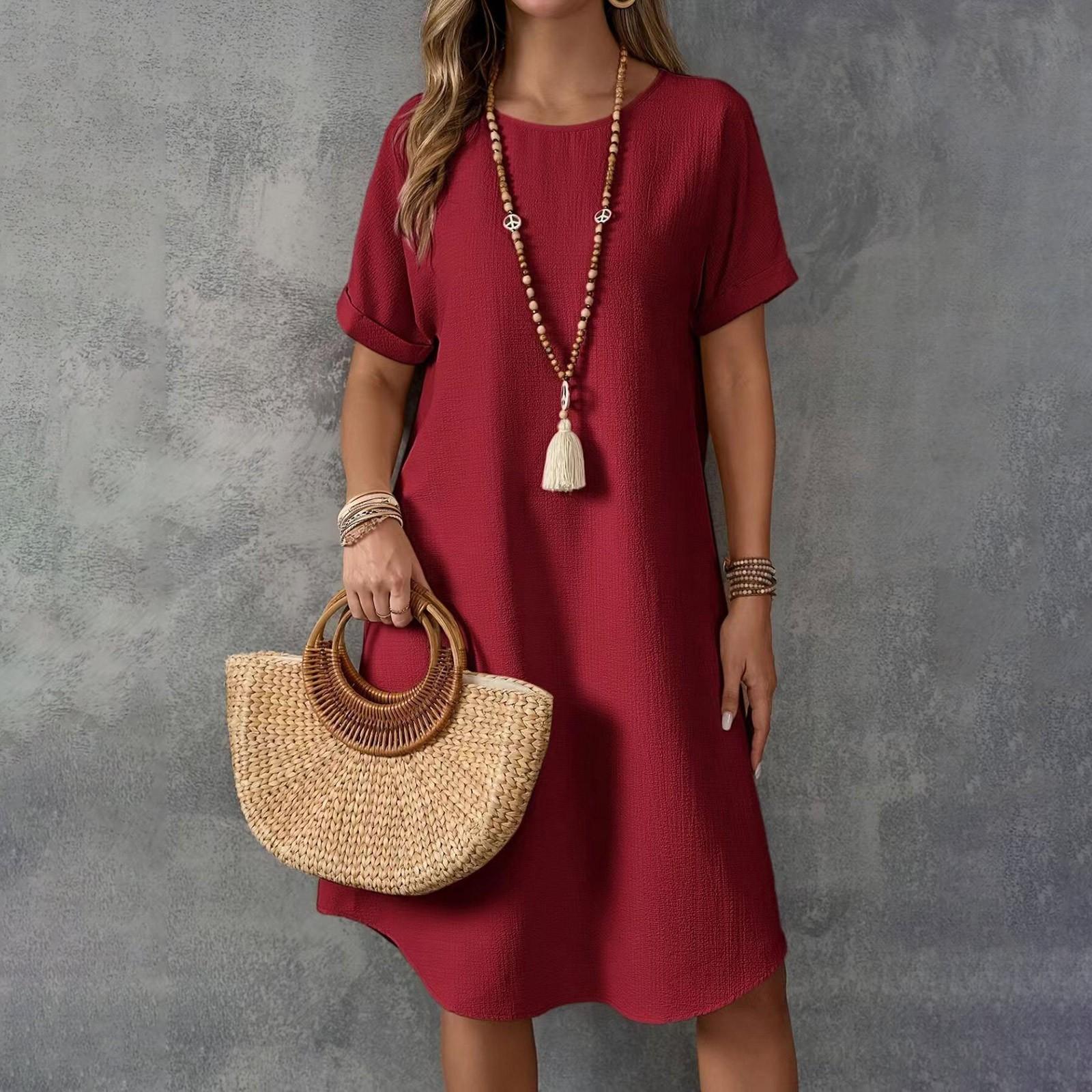 

Женское летнее повседневное однотонное платье с круглым вырезом и коротким рукавом средней длины свободного покроя XL красный