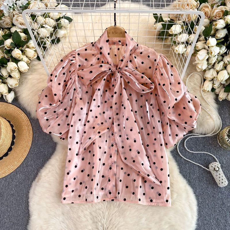 

Polka Dot Bows Niche Style Puff Sleeves Streamer Shirt Pink One size