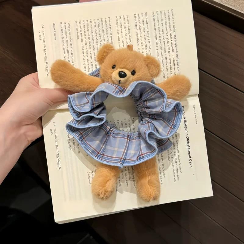 Women Plush Bear Plaid Large Intestine Headband Sweet Cute Funny Fashionable Headband Versatile Harajuku Hair Accessories