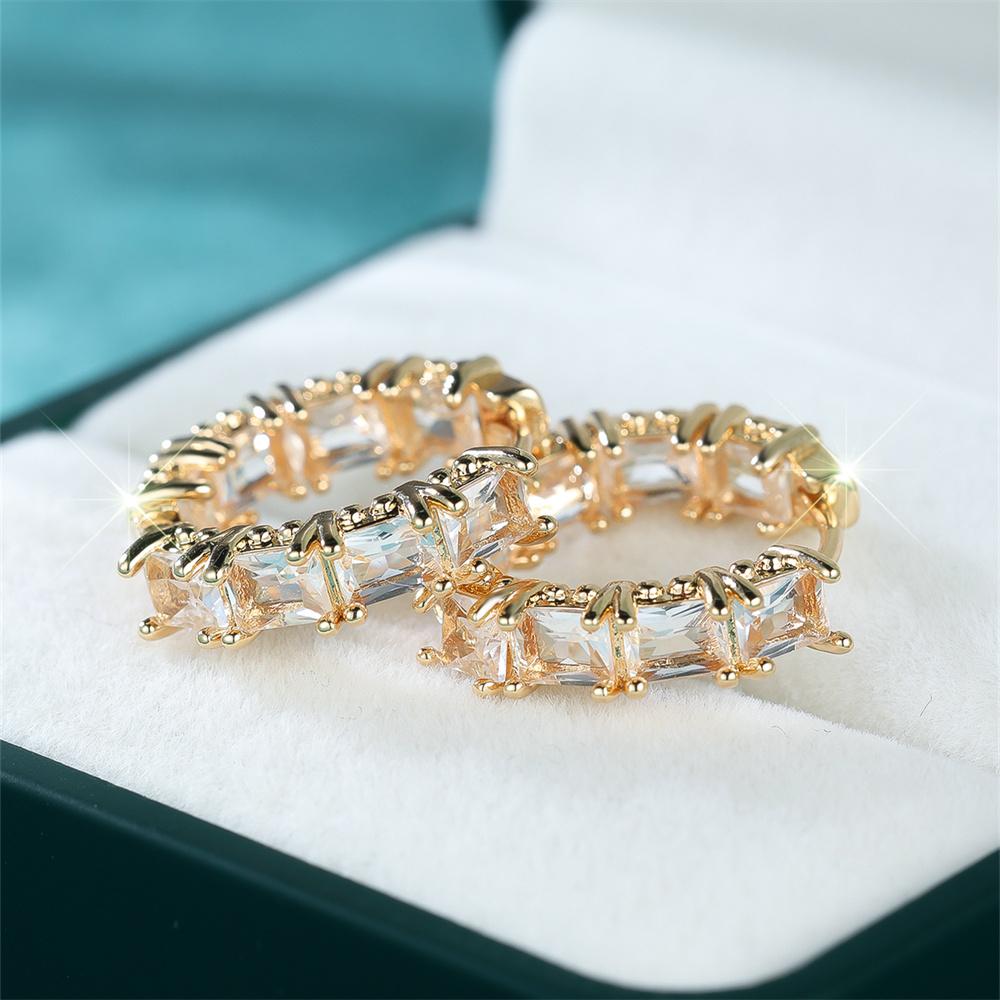 Rectangle Stone White Zircon Round Hoop Earrings For Women Vintage Gold Color Ear Buckle Wedding Jewelry Bridal Engagement Gifts