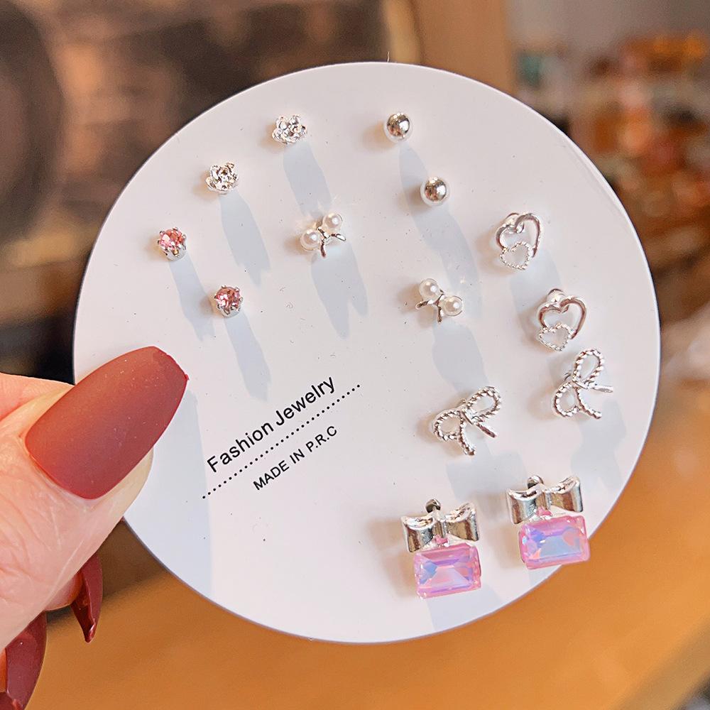 Titanium Steel One-week Stud Earrings 1 Combination Korean Fringed Bow Ins Versatile Cute Earrings for Women