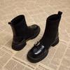 Autumn Women Knit Ankle Boots Fashion Metal Decoration Slimming Short Booties Autumn Winter  Thick Heel Shoes