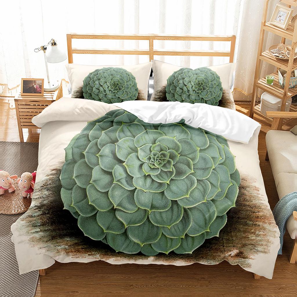 Succulent Plants Green Plant Duvet Cover Set Polyester Comforter Cover King Queen Full Size Bedding Set with Pillowcase for Teen