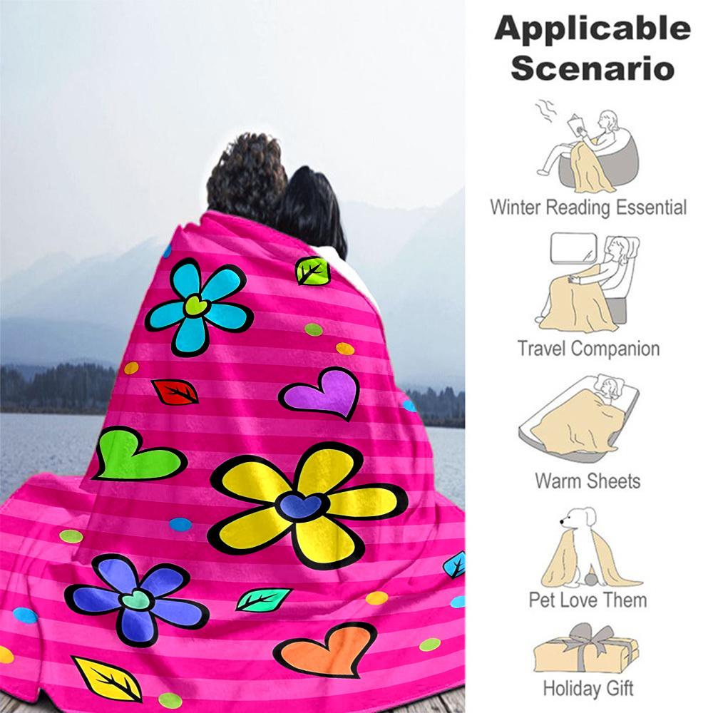 1pc flowers hearts Outdoor Flannel Blanket Soft Warm All-Season Throw for Sofa Bed Car Camping Office, Cozy Gift Idea1301S