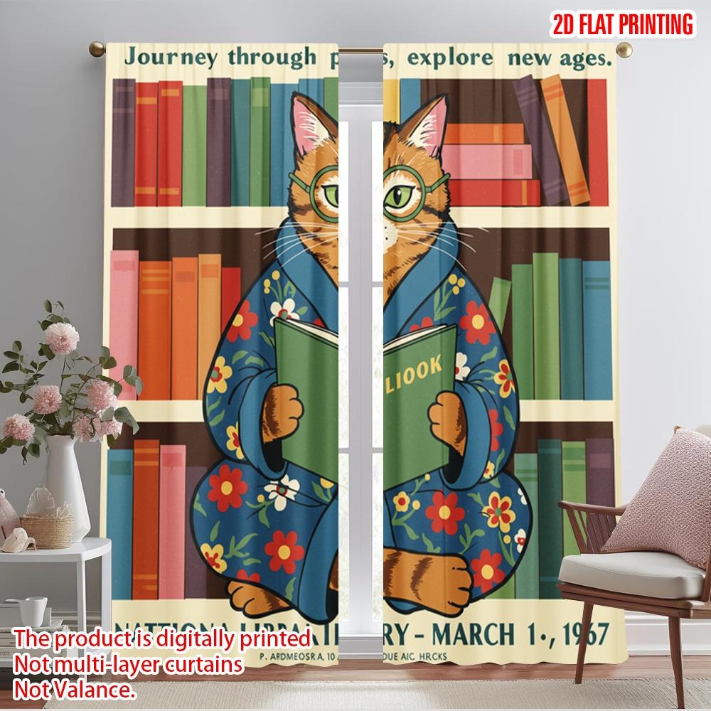 

2pcs 2D flat printing Drapes Cat Reading Books Library Polyester Without Electricity Festive Curtains Perfect for Holiday 52.50×116.00 CM 2pcs