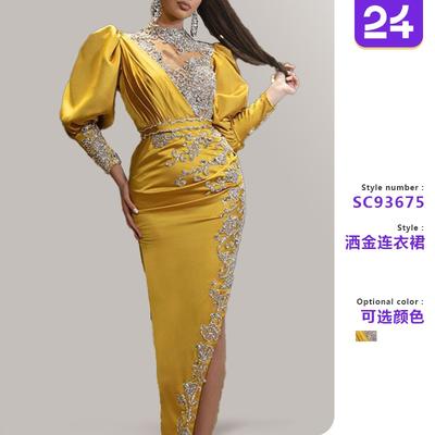 Spring New Gold Sprinkled Women's Wedding Dress Satin Pendulum Sexy Long Dress Trailing Banquet Evening Dress