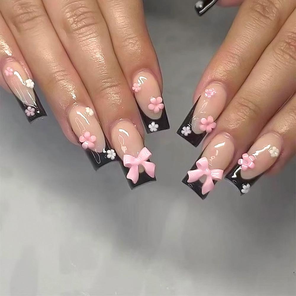 Glossy Black Square Nails with 3D Bows and Leopard Print – Versatile Daily Wear False Nails
