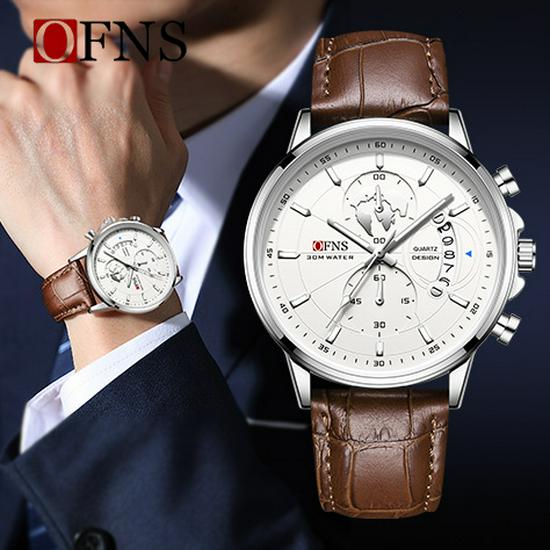 OFNS Men's Fashion Business Watch: Six-Hand Leather Strap, Waterproof with Calendar.